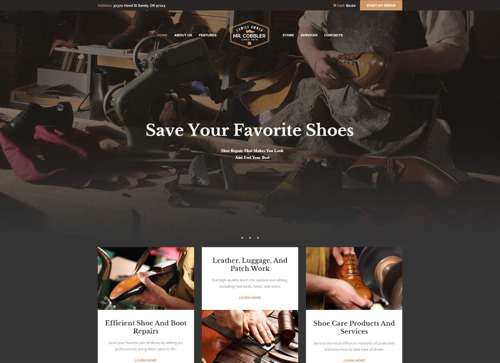 Mr. Cobbler - Tema WordPress Pembuatan Sepatu & Alas Kaki Kustom