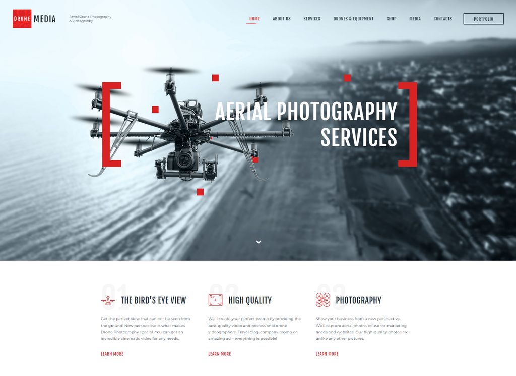 Media Drone |  Fotografi Udara & Videografi Tema WordPress + Elementor