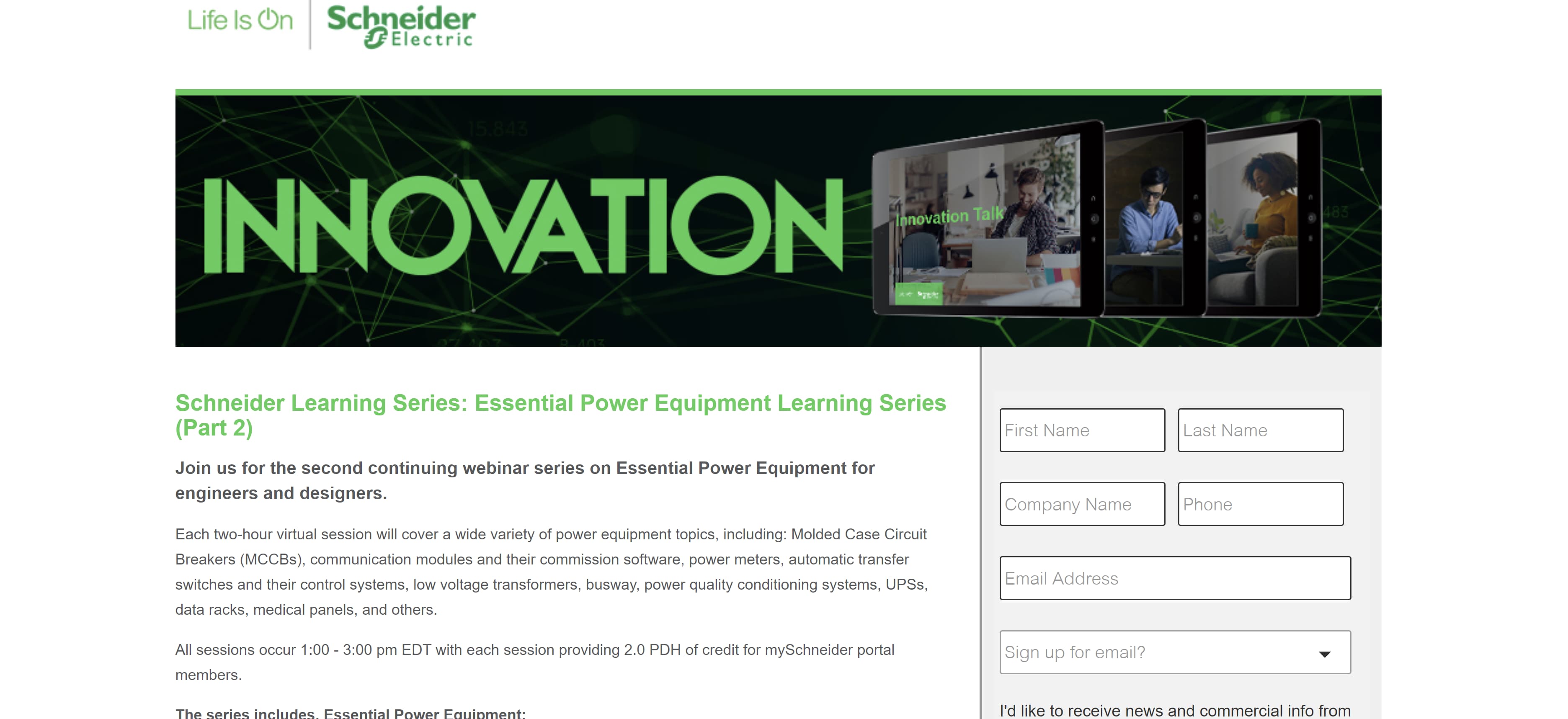 Contoh halaman arahan webinar dari Schneider Electric