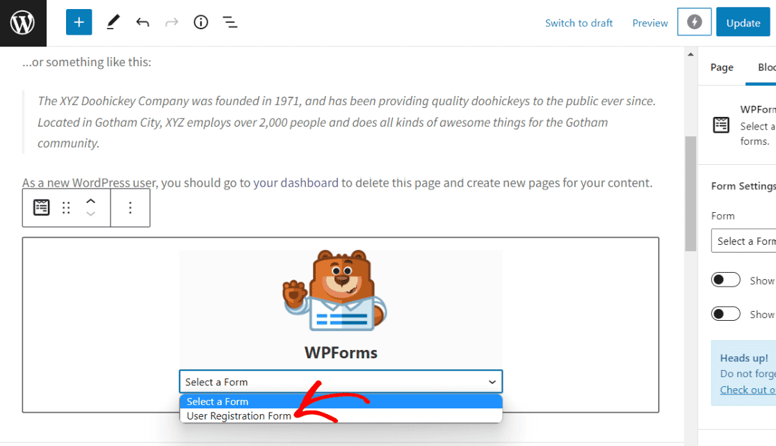 Pilih formulir WPForms untuk disematkan