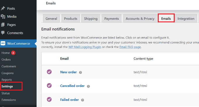 Buka pengaturan email di WooCommerce