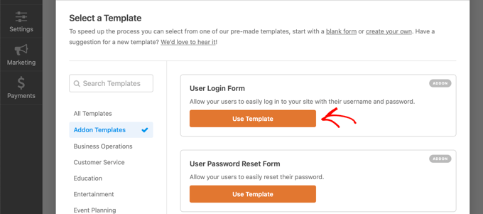 Pilih Templat Formulir Login Pengguna WPForms