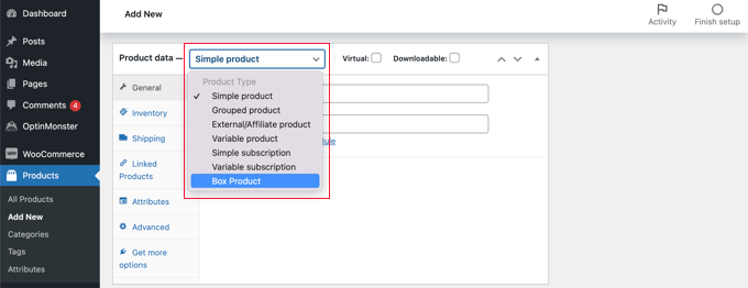 Pilih 'Produk Kotak' dari Drop Down Data Produk