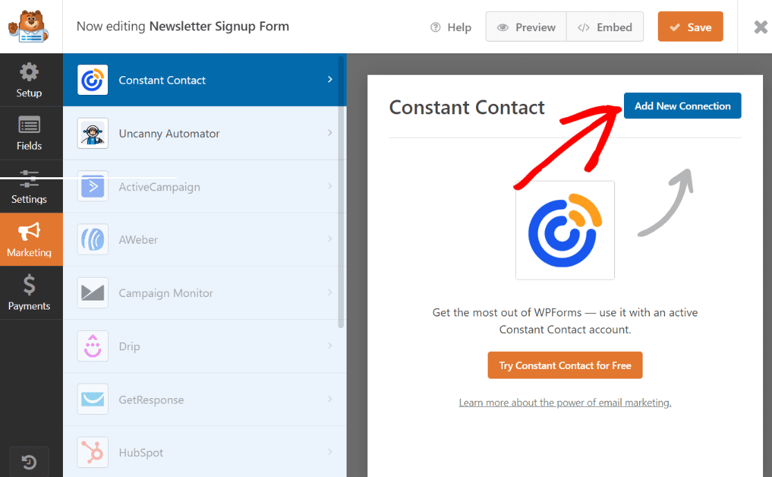 Tambahkan koneksi pemasaran email di WPforms