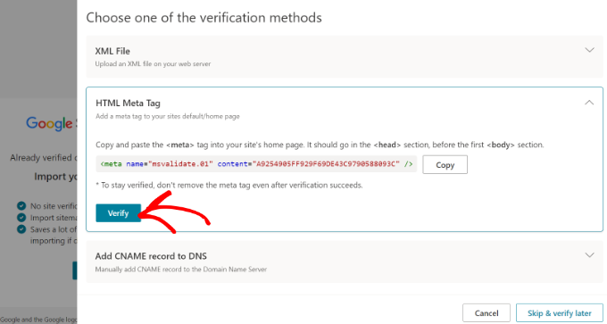 Verifikasi situs Anda setelah memasukkan tag meta