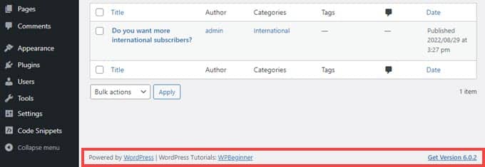 Contoh footer panel admin untuk cuplikan WPCode