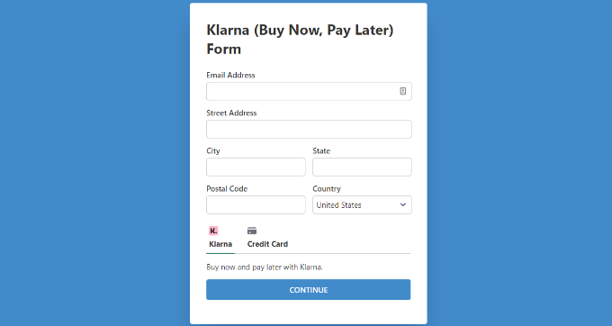 Pratinjau halaman khusus formulir pembayaran Klarna