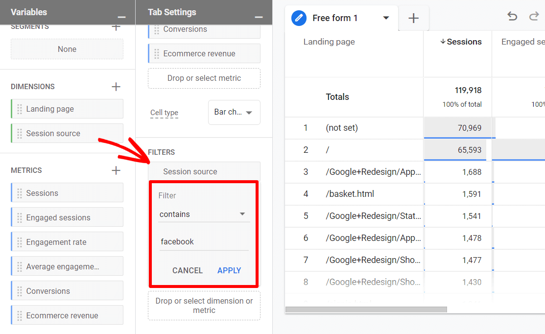 Lacak lalu lintas situs web dari Facebook - filter laporan khusus