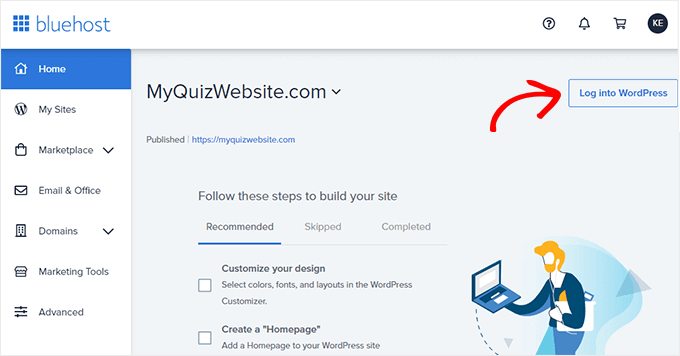 Dasbor Bluehost - masuk ke WordPress