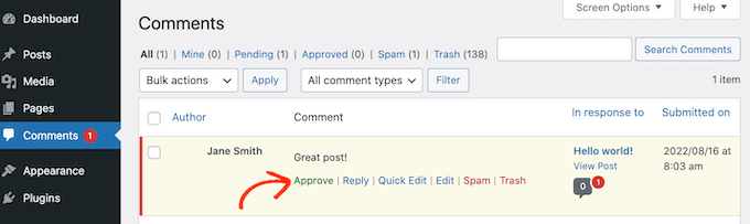 Menyetujui komentar di area admin WordPress