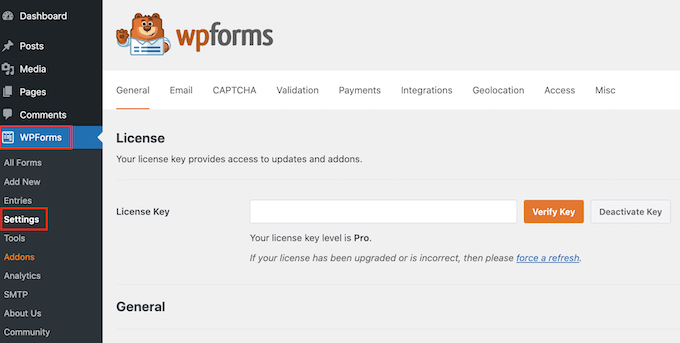 Memasukkan kunci lisensi WPForms