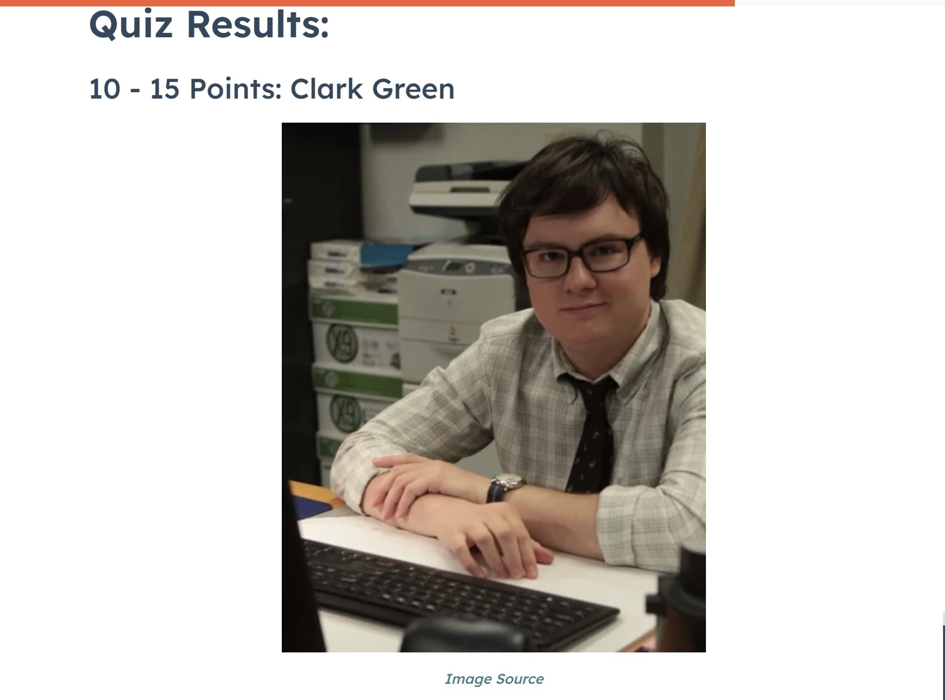 Tangkapan layar jawaban dari kuis "The Office" kami, yang menampilkan gambar Clark Green.