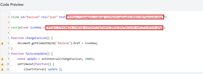 Rekatkan kode HTML dan hapus contoh tautan gambar favicon