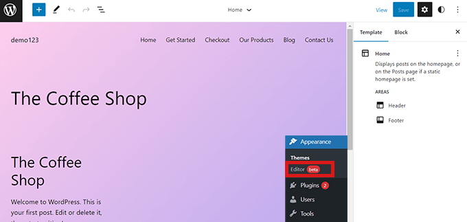 Buka editor situs lengkap dari dasbor WordPress