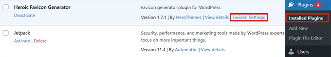 Setelah mengaktifkan plugin, klik Pengaturan Favicon