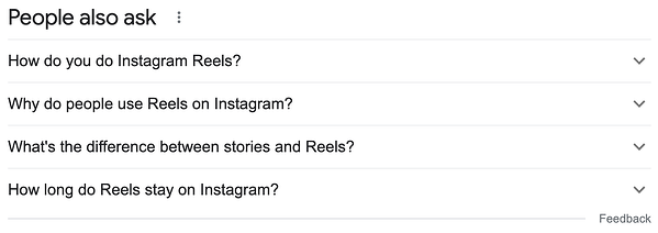 Hasil pencarian “Orang Juga Bertanya” untuk istilah “Instagram Reels” di Google.