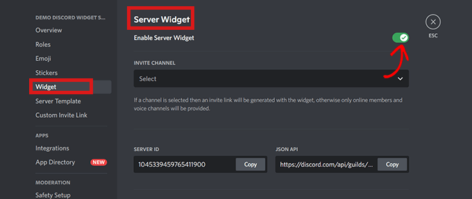 Alihkan sakelar aktifkan widget server