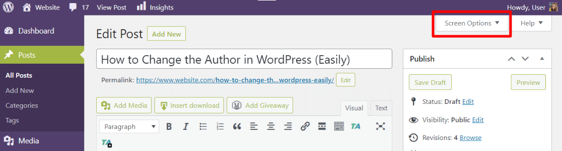 Tab opsi layar - ubah penulis di WordPress