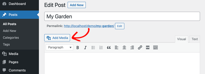 Klik 'Tambahkan Media' di editor klasik untuk menambahkan gambar ke postingan Anda