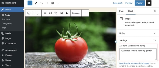 Menambahkan teks alt ke gambar di editor blok WordPress