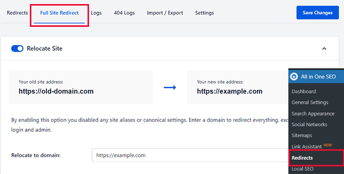 Pengalihan situs penuh di All in One SEO