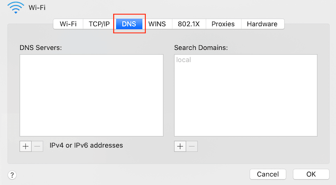 Pilih opsi DNS dan klik tombol +