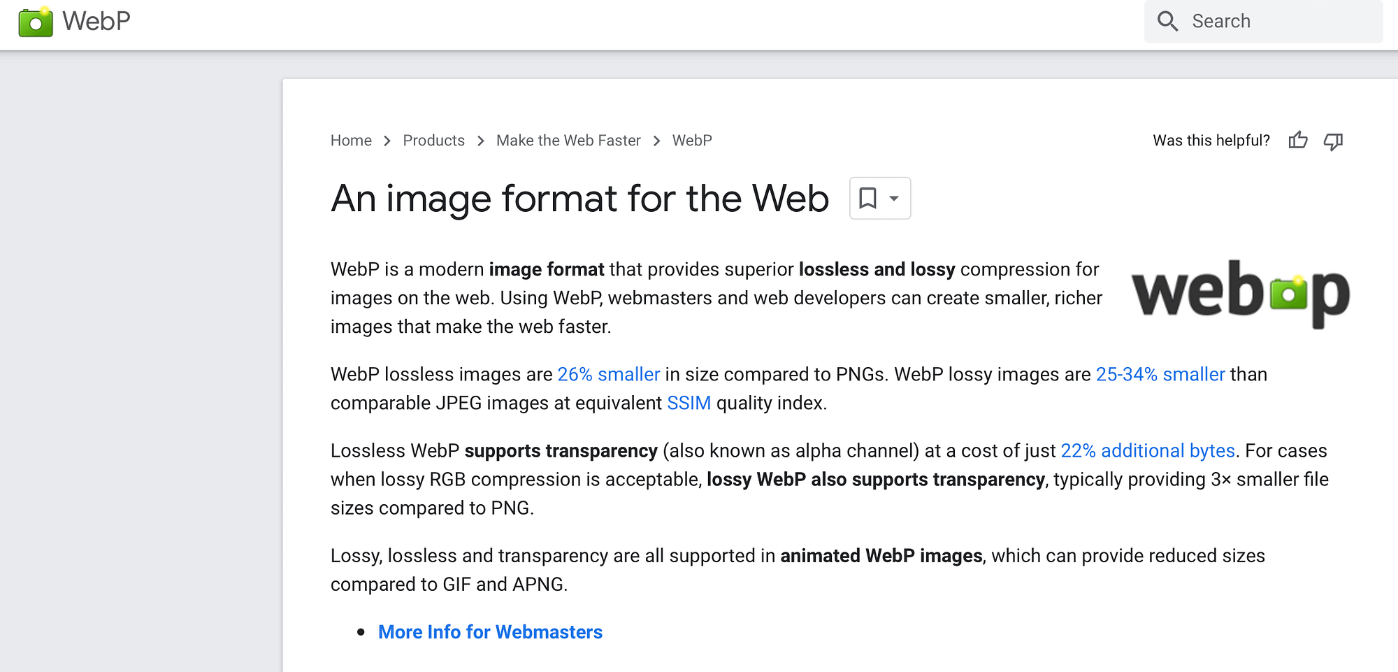 Laman Pengembang Google yang menjelaskan format WebP.  Mengetahui informasi ini dapat membantu pengguna memutuskan antara AVIF vs WebP