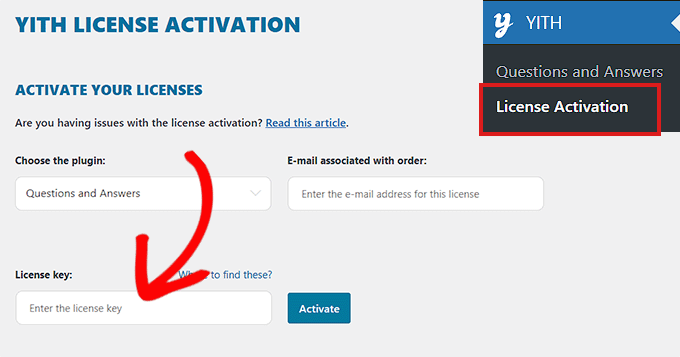 Aktifkan plugin YITH Anda dengan kunci lisensi
