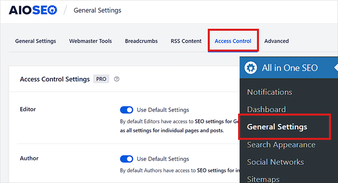 Klik tab Access Control pada halaman General Settings di AIOSEO