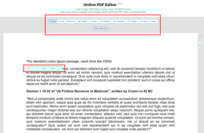 alat pengeditan PDF gratis: bilah alat Sejeda 