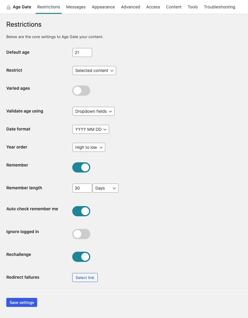 Layar pengaturan plugin batasan usia WordPress Age Gate