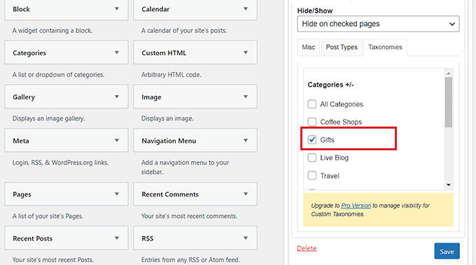 Centang kotak di sebelah kategori tempat Anda ingin menampilkan atau menyembunyikan widget