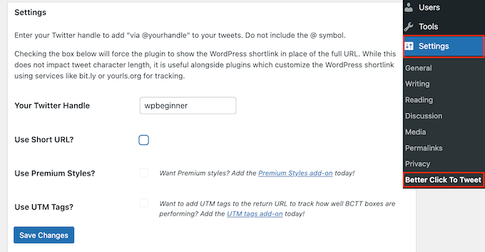 Mengonfigurasi plugin Better Click to Tweet WordPress
