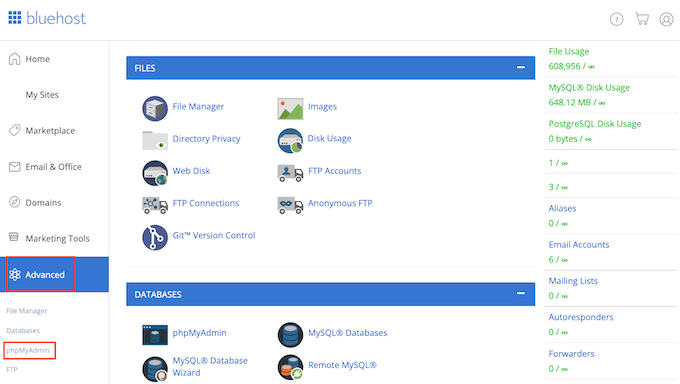 Alat PhpMyAdmin Bluehost