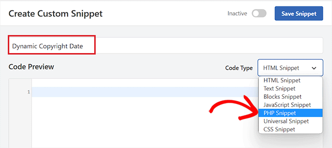 Pilih PHP sebagai tipe kode untuk kode tanggal hak cipta dinamis
