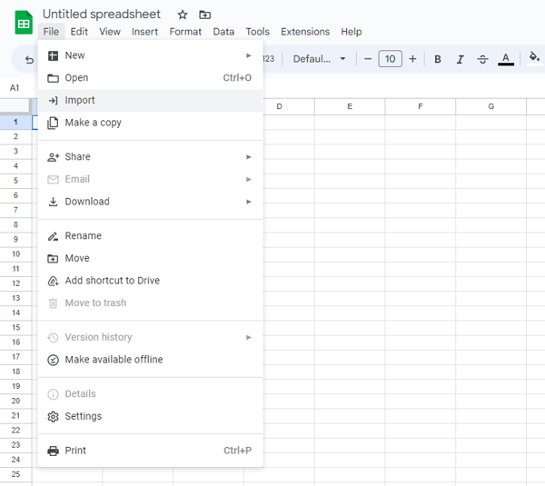 Buka Google Sheets dan tekan File, Import.