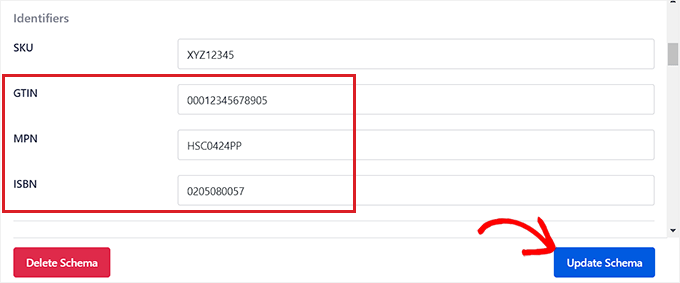 Tambahkan ISBN, GTIN, atau MPN dan klik tombol Perbarui Skema