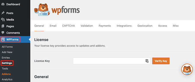 Menambahkan kunci lisensi ke plugin pembuat formulir WPForms