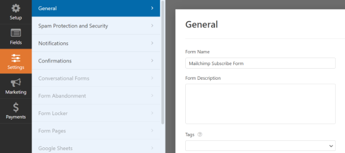 Pengaturan formulir umum Mailchimp