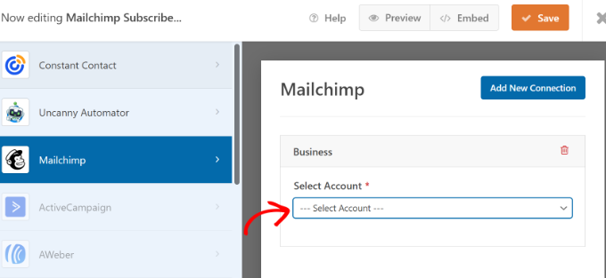 Pilih akun Mailchimp Anda