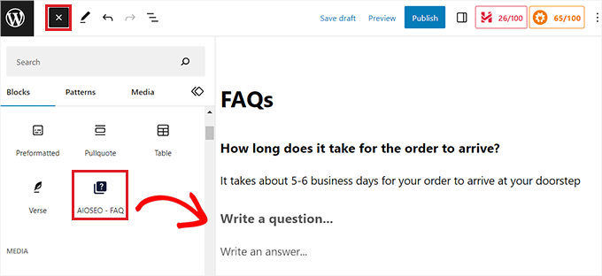 Tambahkan blok FAQ AIOSEO di editor blok Anda