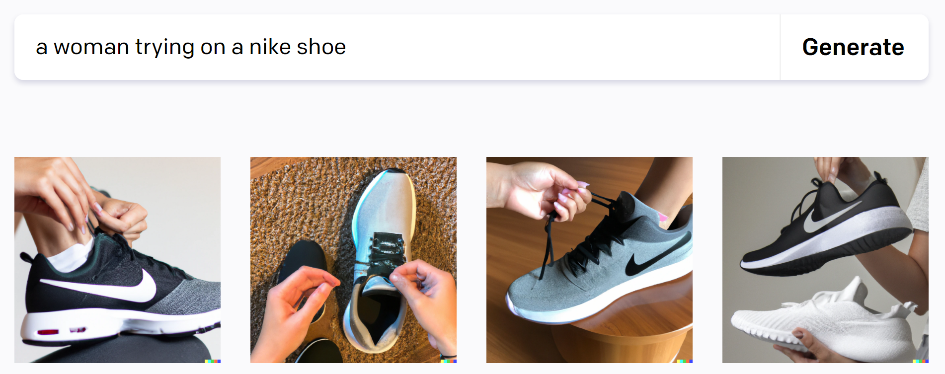 Alat desain web AI dapat digunakan untuk menghasilkan grafik seperti seorang wanita mencoba sepatu Nike (seperti yang ditunjukkan di sini).