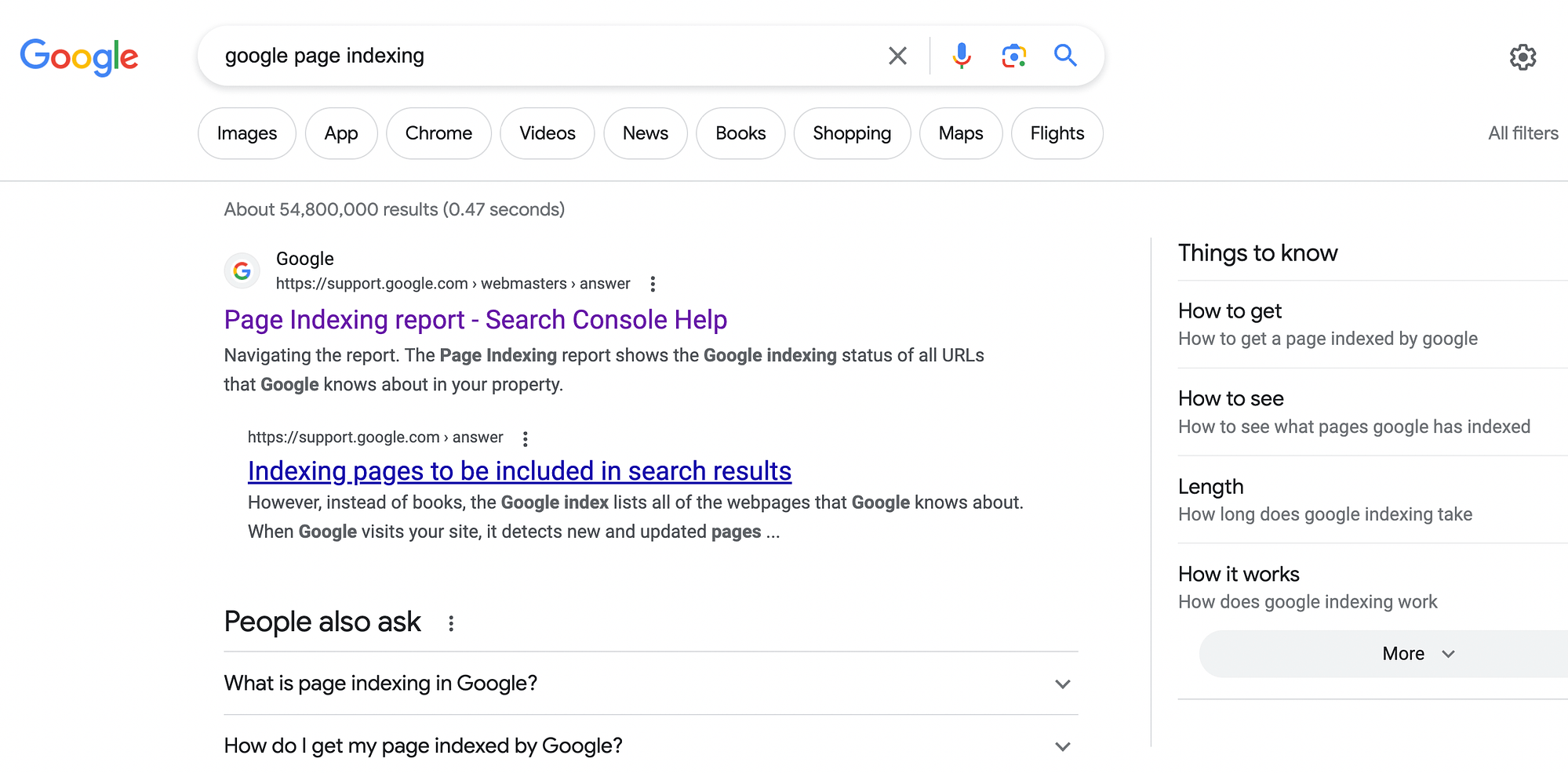 Contoh hasil penelusuran Google untuk istilah penelusuran "pengindeksan halaman google".